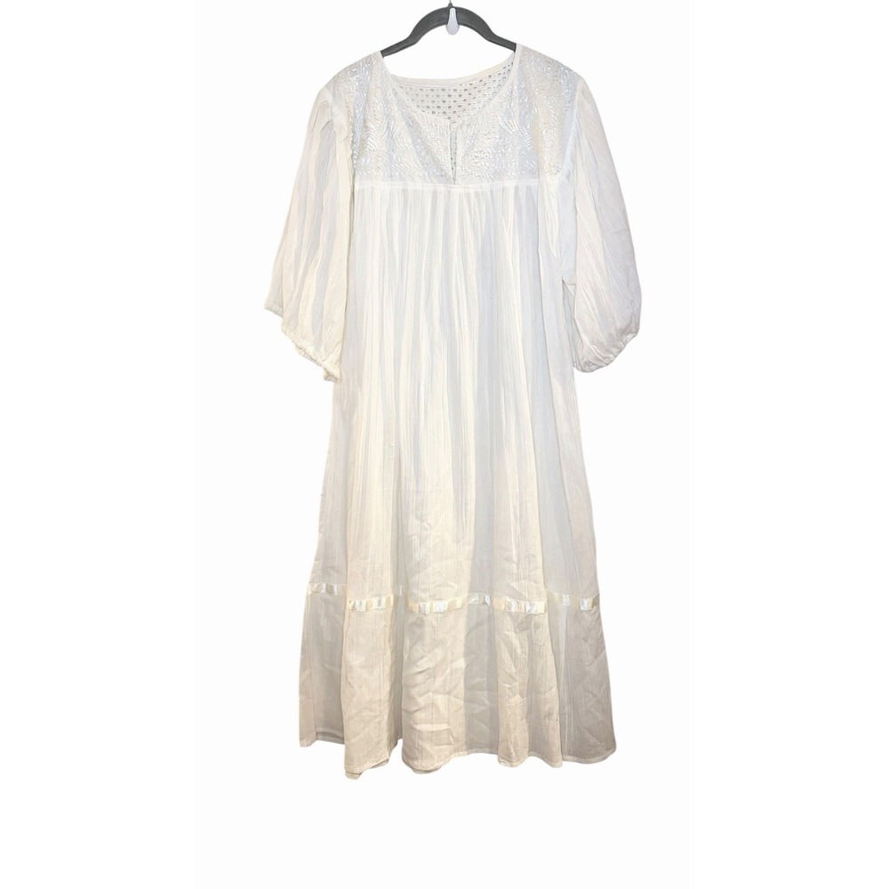 Vtg 70s White Cotton Gauze Lace Embroidered Trim Ruffle MIDI Dress M Boho Hippie